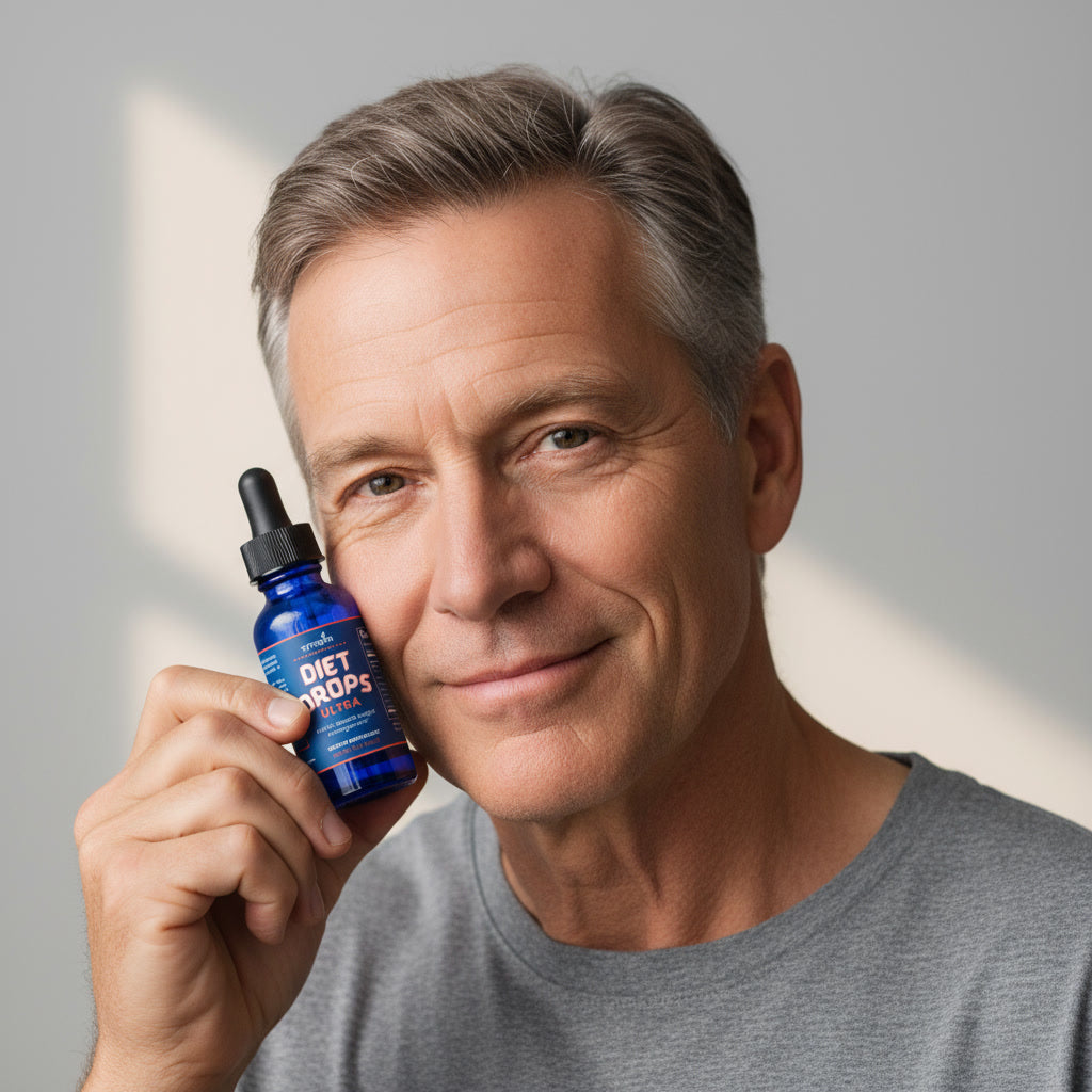 Gentleman holding Zyragen Diet Drops Ultra to support healthy weight management and metabolism.