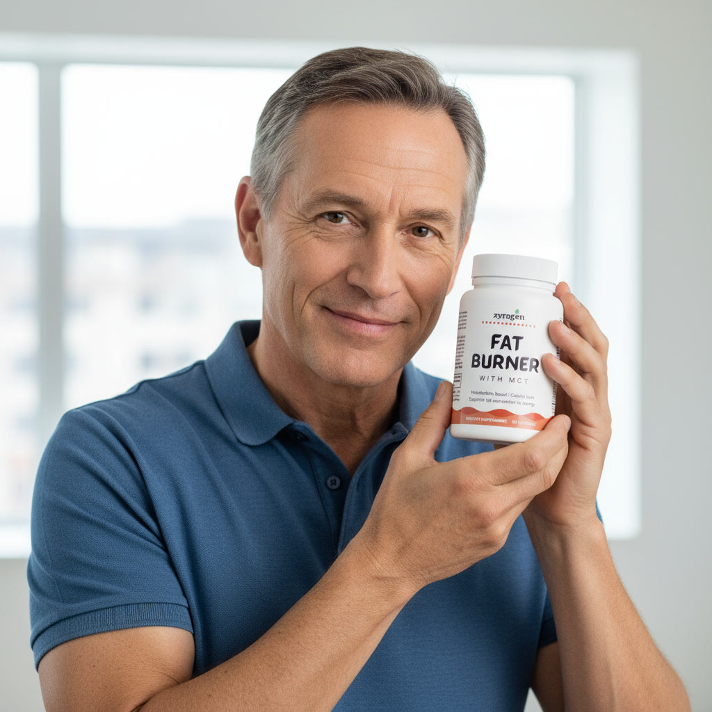 Gentleman holding Zyragen Fat Burner with MCT extract.