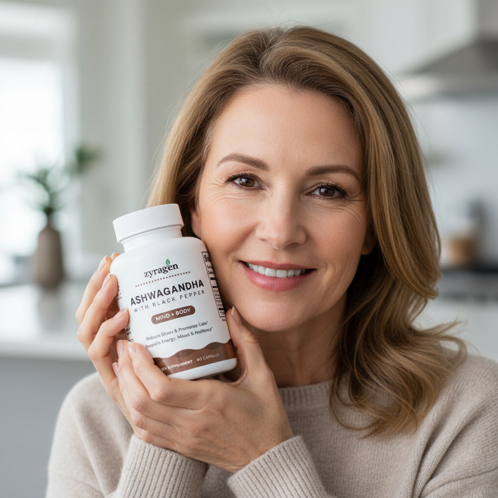 Woman holding Zyragen Ashwagandha Complex capsules for sleep and relaxation.