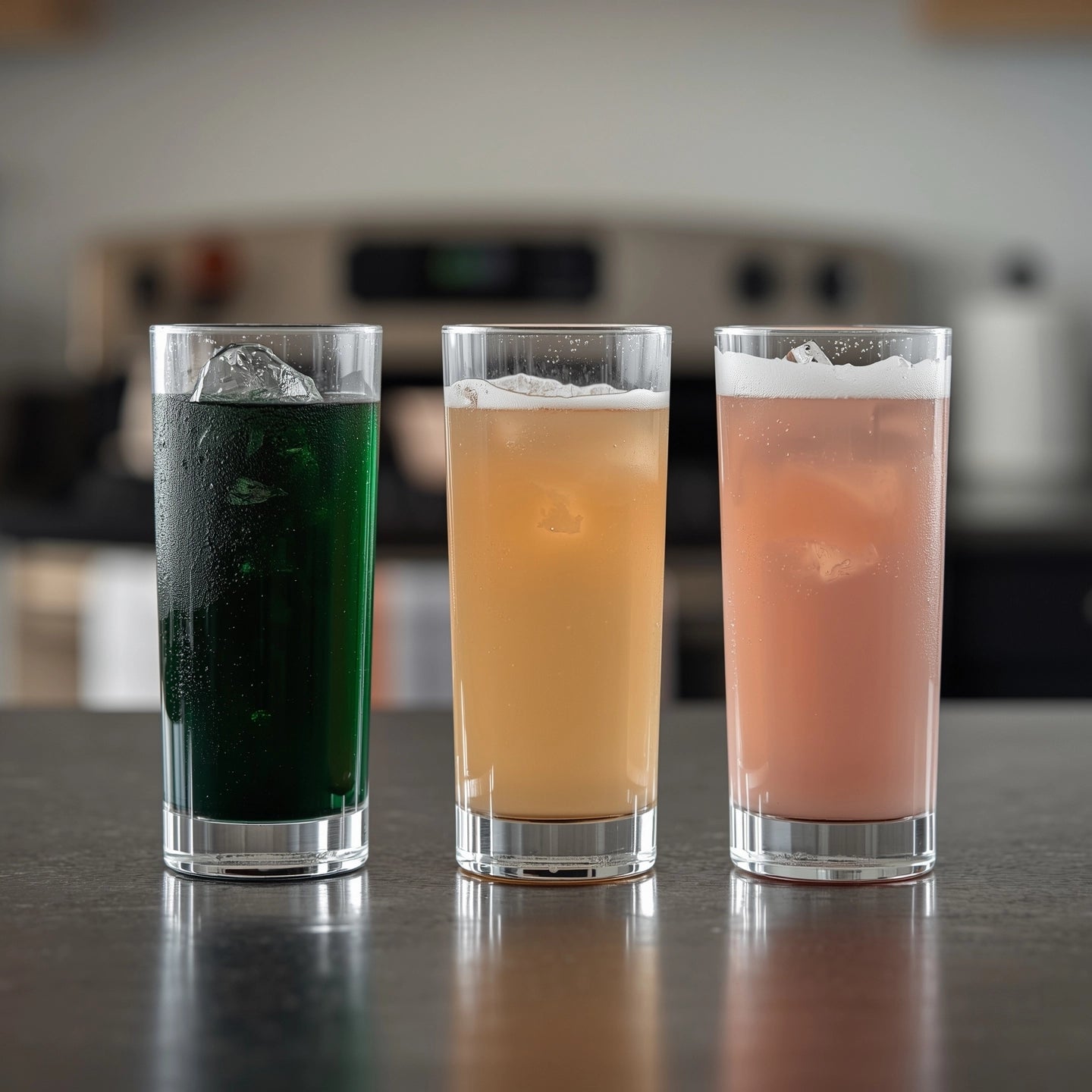 Three glasses on the kitchen counter, one is green filled with Zyragen Daily Greens Superfood Blend, second is yellow filled with Electrolytes Hydrating Mix, and the third is pink, filled with Collagen Peptides.