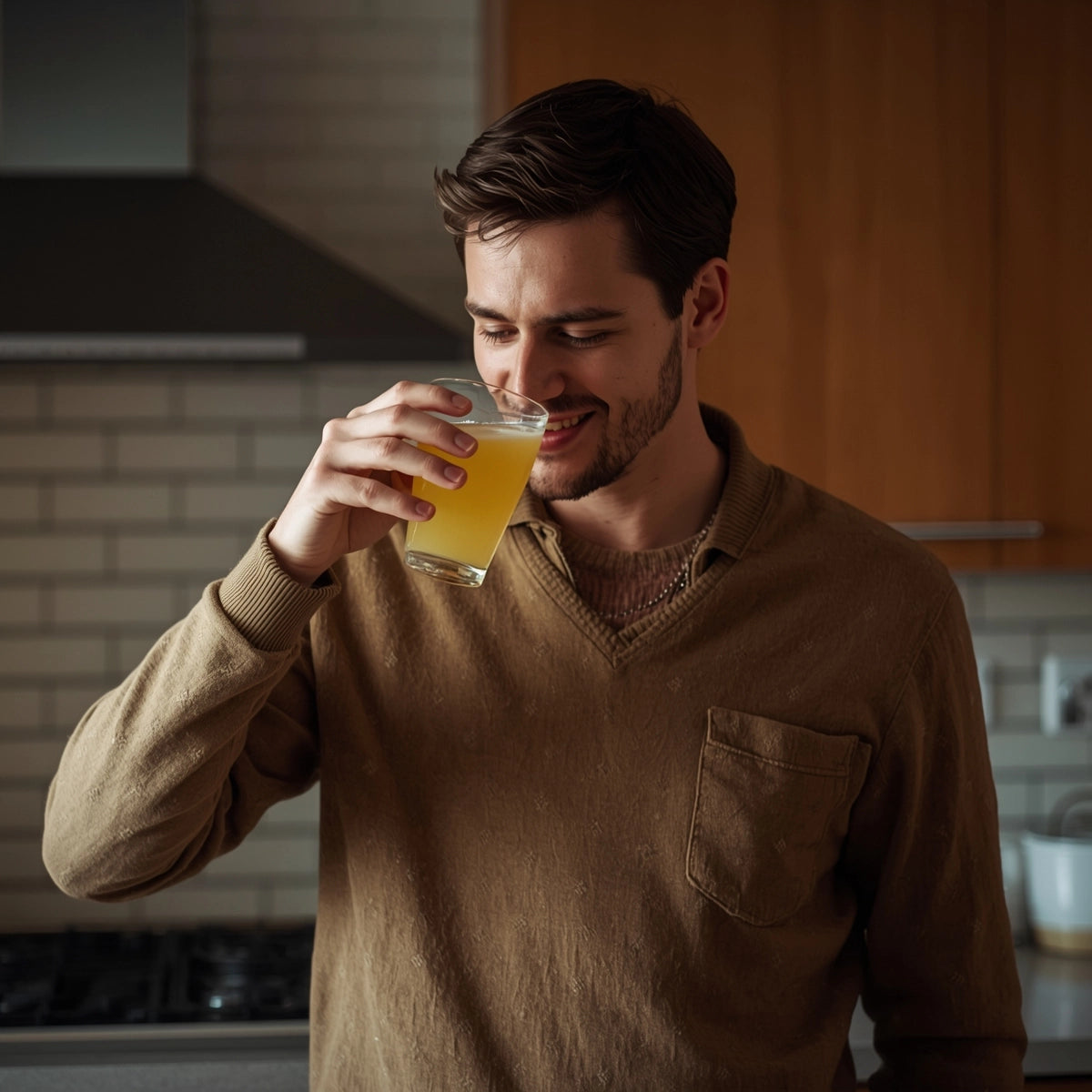 Man standing in the kitchen, drinking a glass of Electrolytes drink.