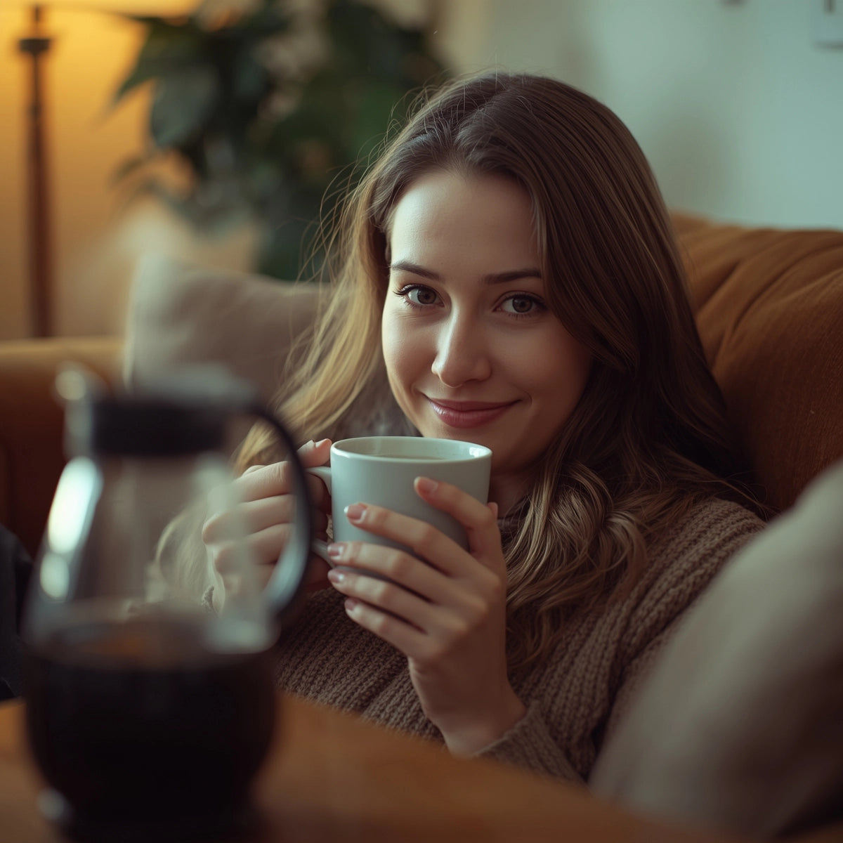 Woman smiling at the camera, holding a cup of collagen drink.