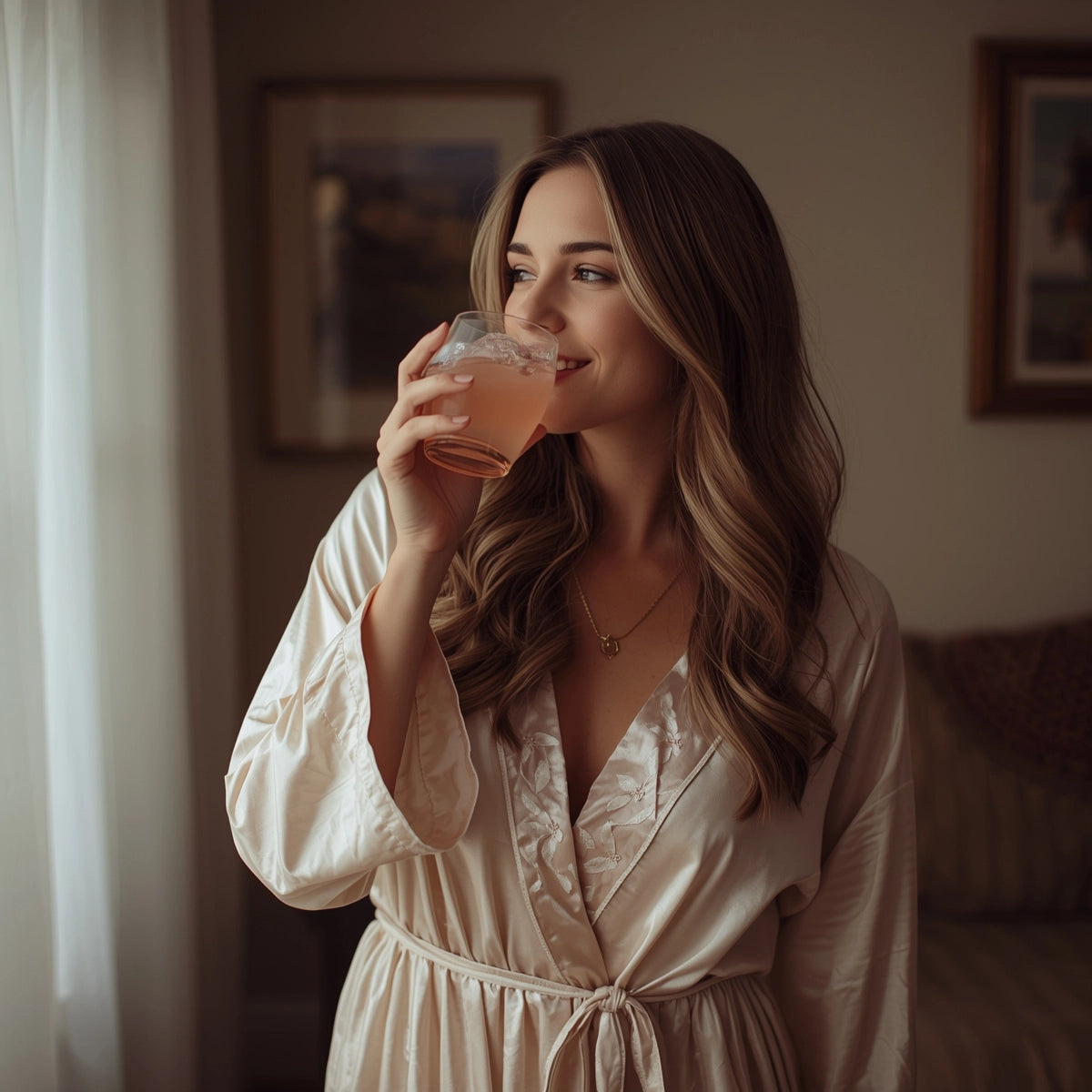 Woman in night dress drinking a glass of Collagen drink at the window.