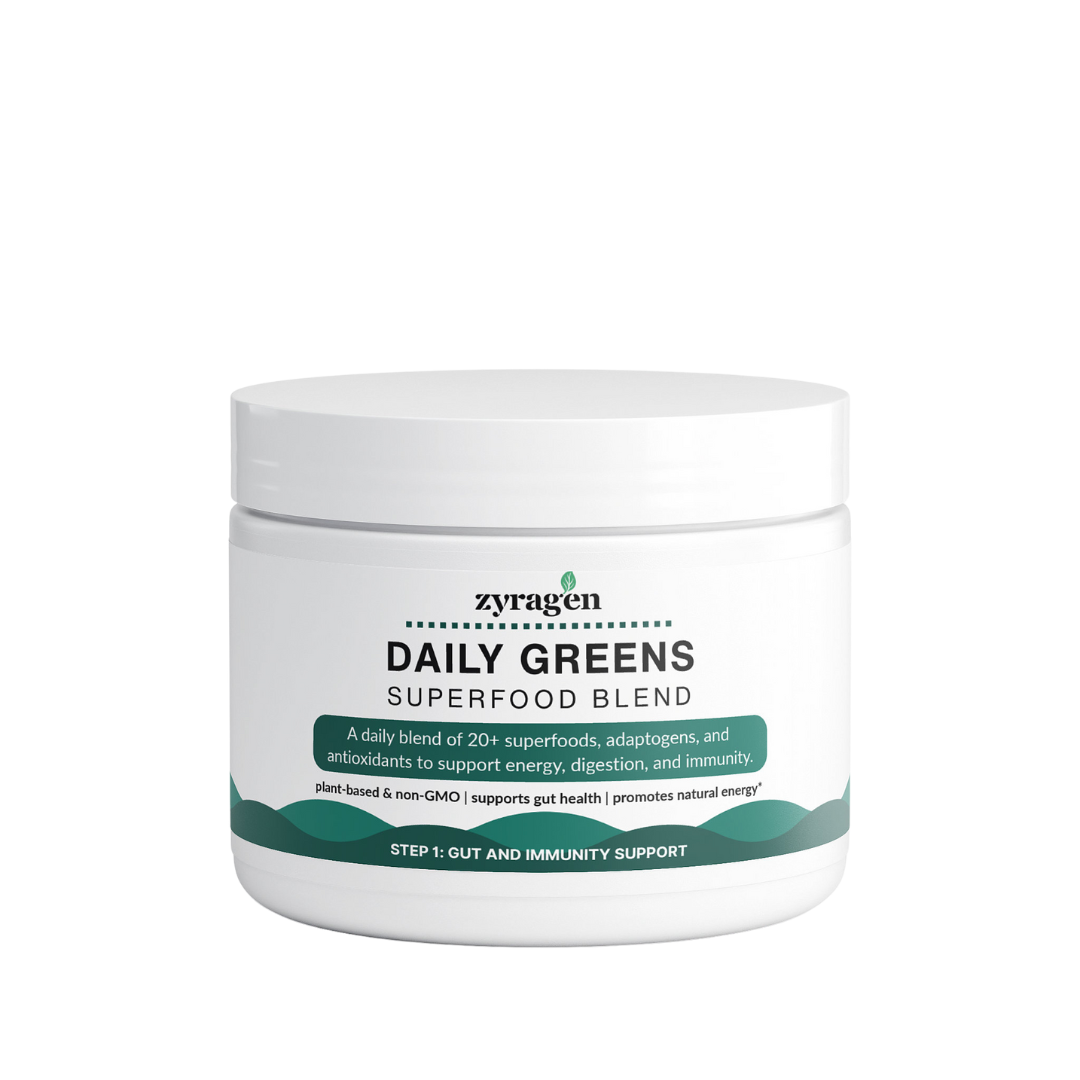 Tub of Zyragen Daily Greens Superfood Blend.