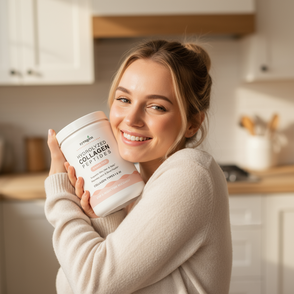 Young woman holding Zyragen Hydrolyzed Collagen Peptides.