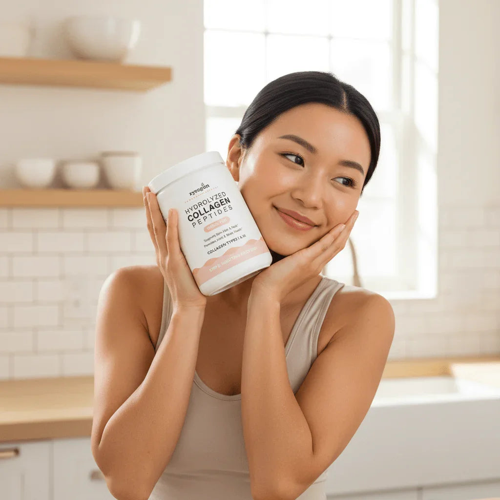 Woman holding a container of Zyragen Collagen Peptides in a kitchen setting
