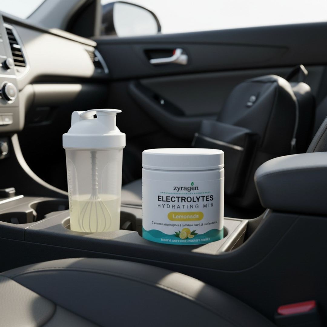 Zyragen Electrolytes Hydration Mix in Lemonade flavor in the car, ready to be taken to the gym.