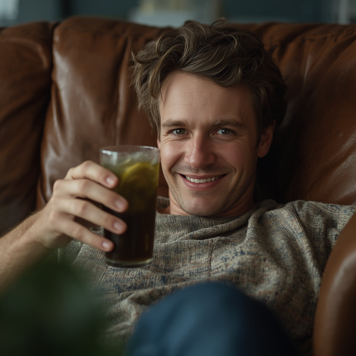 Man sitting on a brown leather couch holding a glass of Zyragen Daily Greens Superfood Blend, smiling.