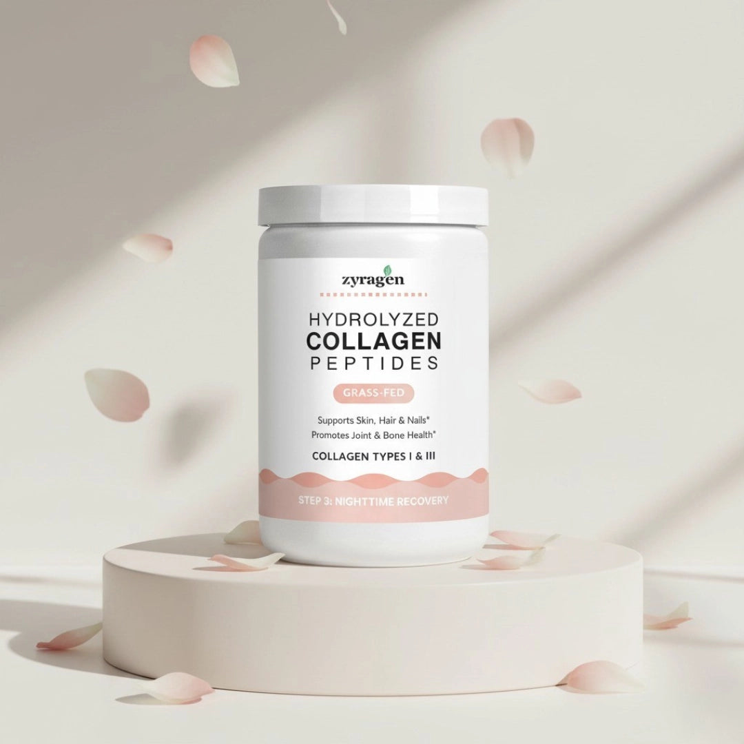 Container of Zyragen hydrolyzed collagen peptides on a light background