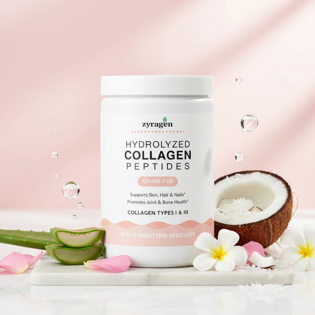 Zyragen hydrolyzed collagen peptides container with coconut, aloe vera, and flowers on a pink background