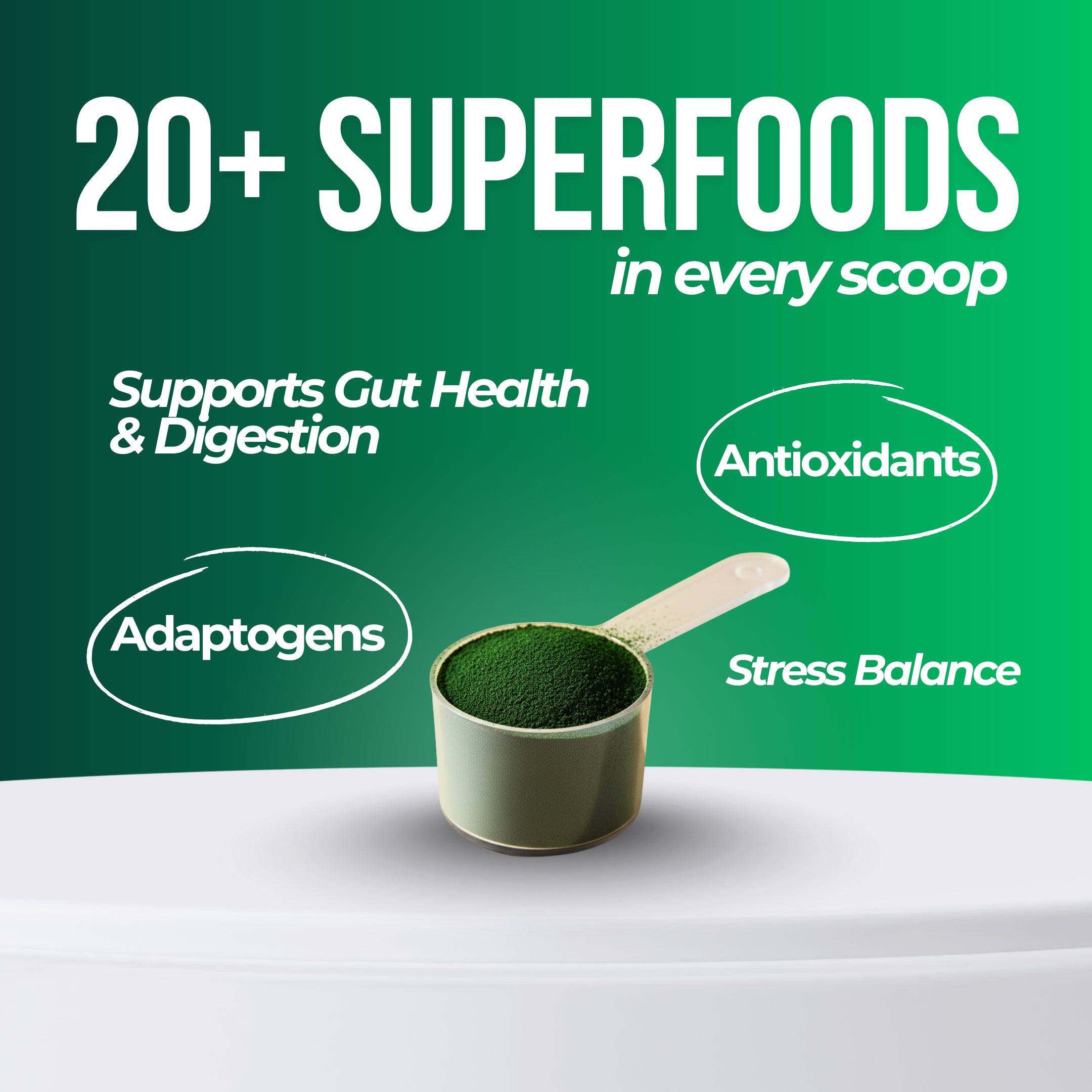 Zyragen Greens superfood powder in a scoop with health benefits text on a green background