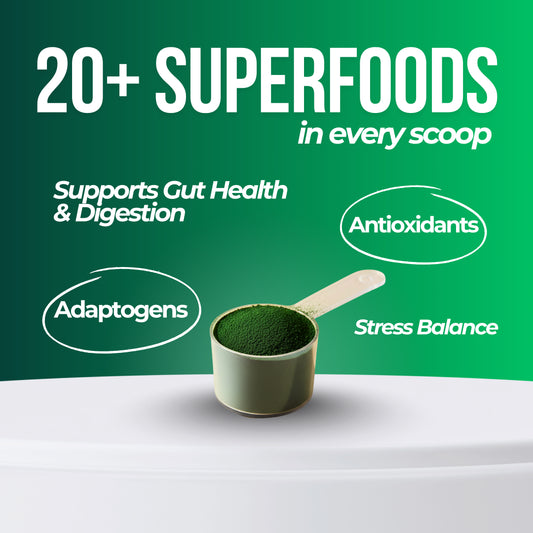 Zyragen Greens superfood powder in a scoop with health benefits text on a green background