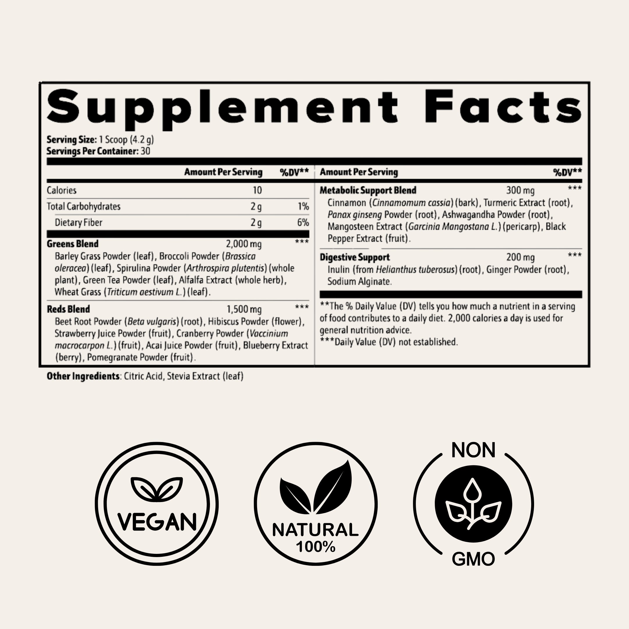 Zyragen Daily Greens supplement facts label with vegan, natural, and non-GMO icons on a white background