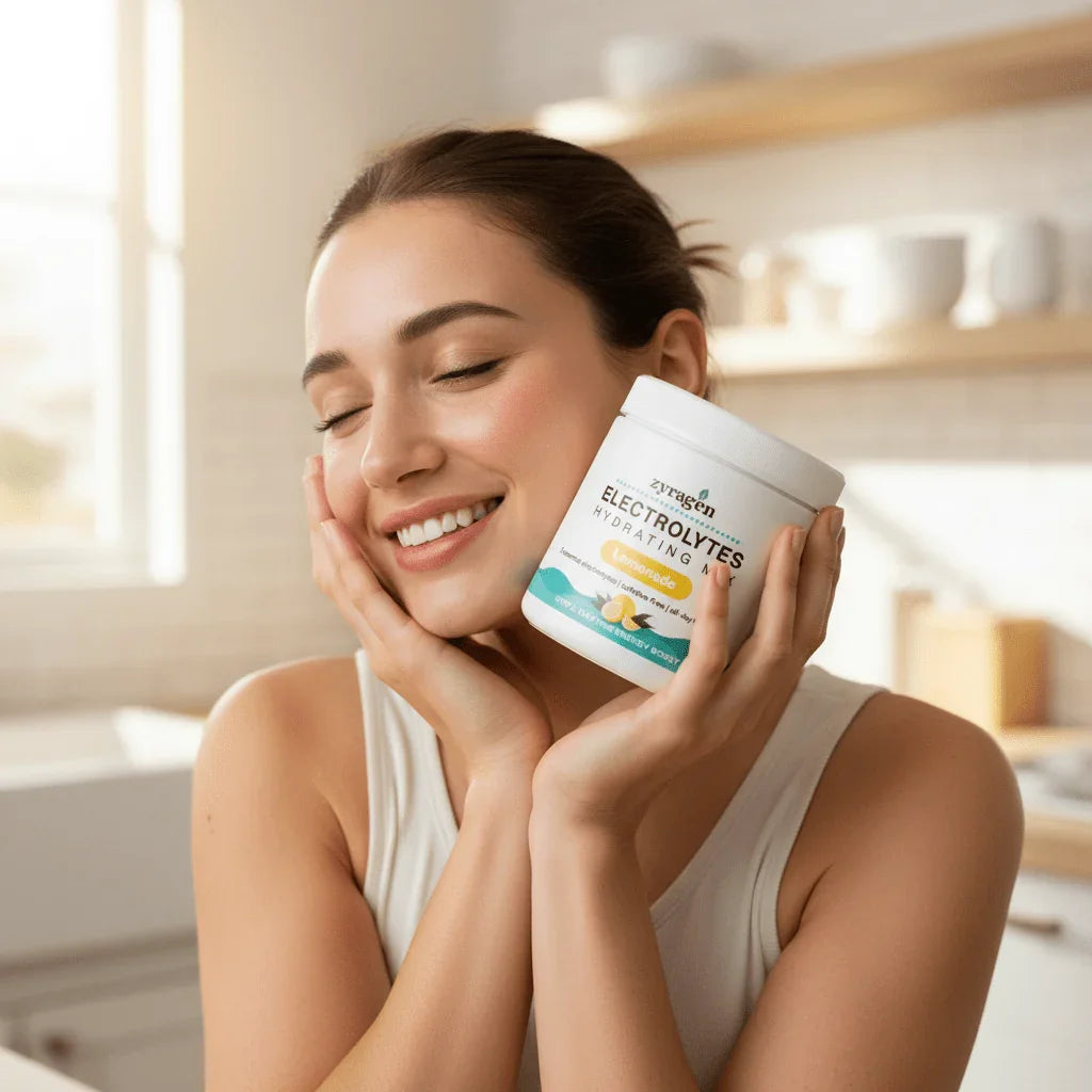 Woman holding a container of Zyragen electrolytes in Lemonade flavor in a bright kitchen.