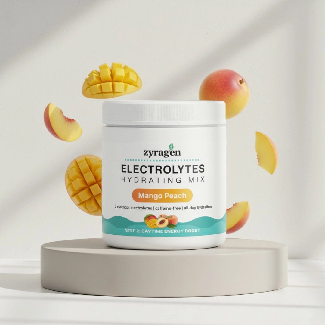 Zyragen Electrolytes Hydrating Mix in flavor Mango Peach container with mango and peach illustrations on a light background