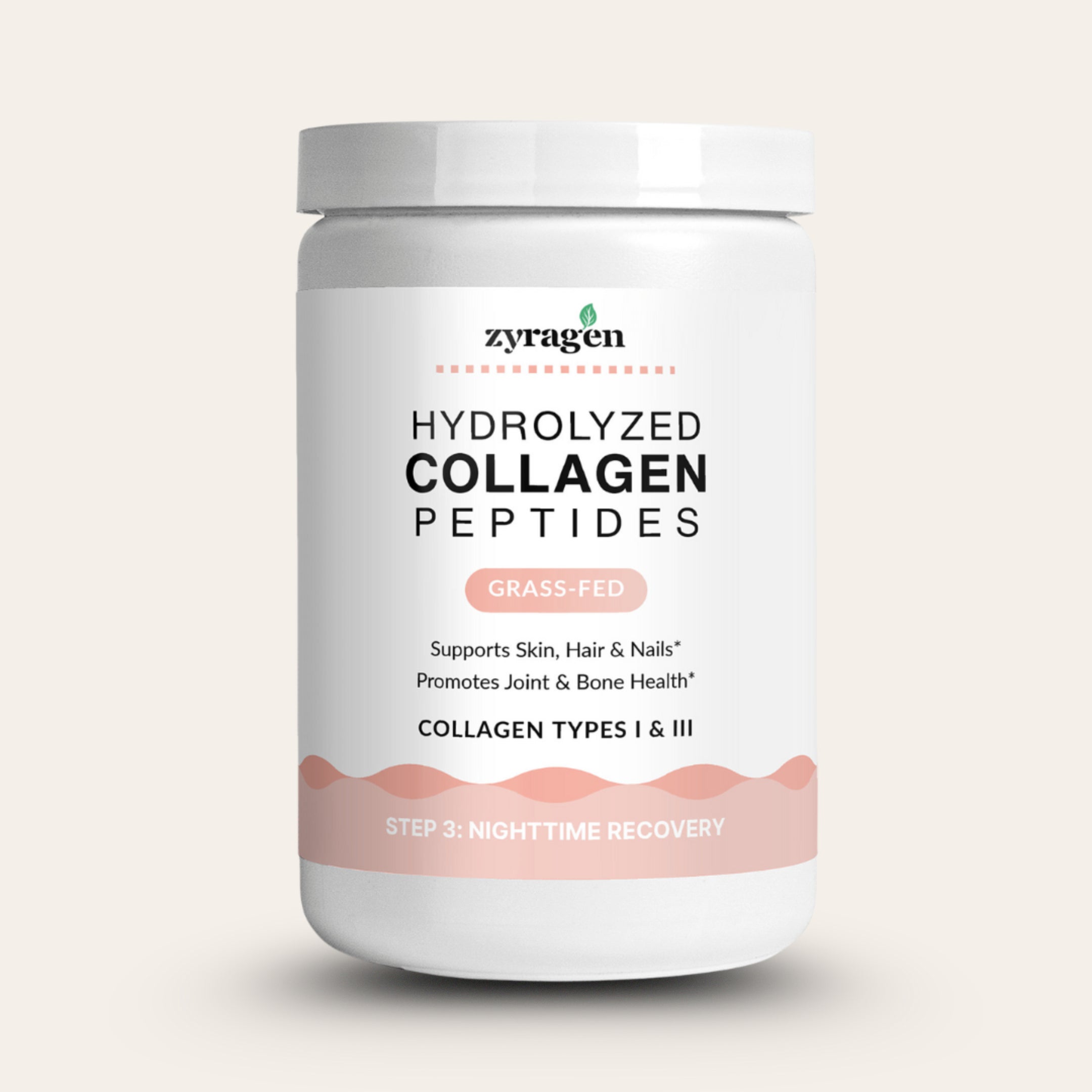 Jar of zyragen hydrolyzed collagen peptides on a light beige background