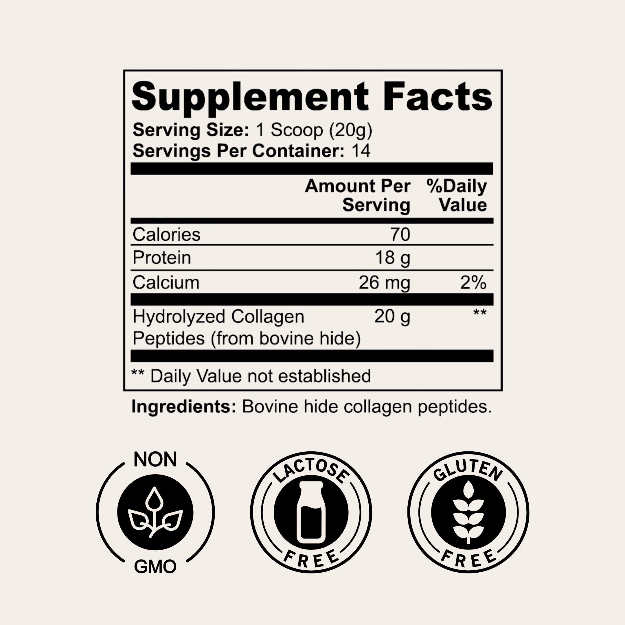 Zyragen Collagen supplement facts label with nutritional information and ingredient details on a beige background
