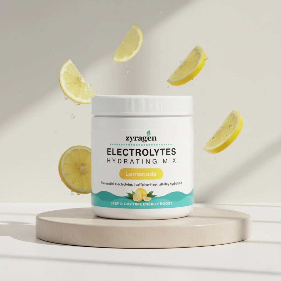 Zyragen Electrolytes Hydrating Mix in Lemonade flavor container with lemon slices on a light background