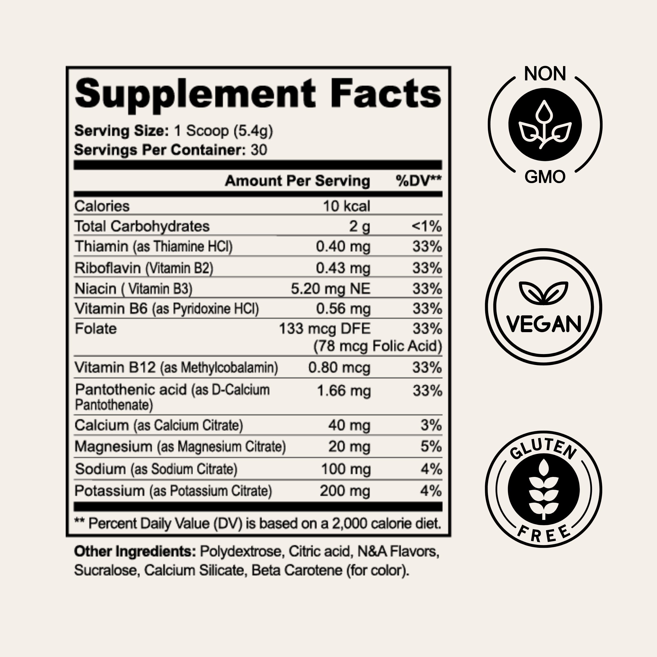 Zyragen electrolytes supplement facts label with nutritional information and certification icons on a white background