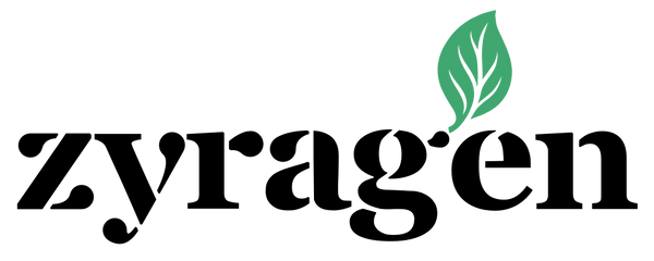 Zyragen logo with a green leaf on a white background
