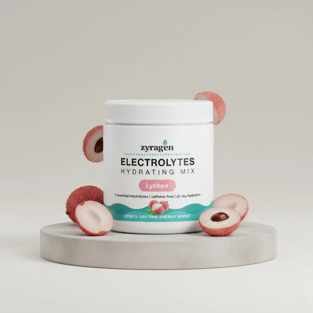 Zyragen Electrolytes Hydrating Mix in flavor Lychee container with lychee fruit on a light background